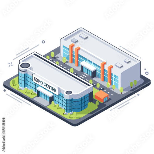 Modern expo center and adjacent building with parking and landscaping