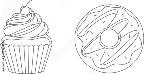 Simple black and white line art illustration featuring a delicious frosted cupcake topped with a cherry beside a sweet glazed doughnut ready for coloring or design.