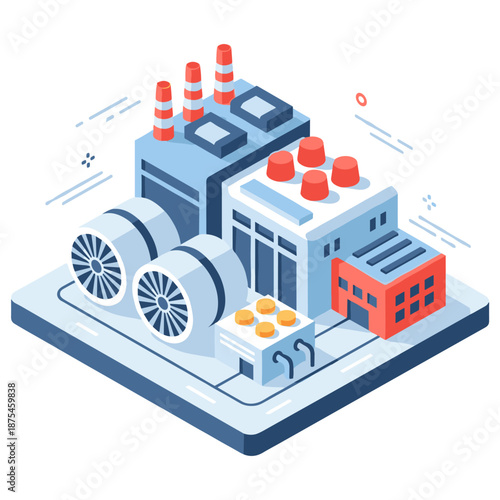 Isometric industrial power plant with cooling towers and chimneys