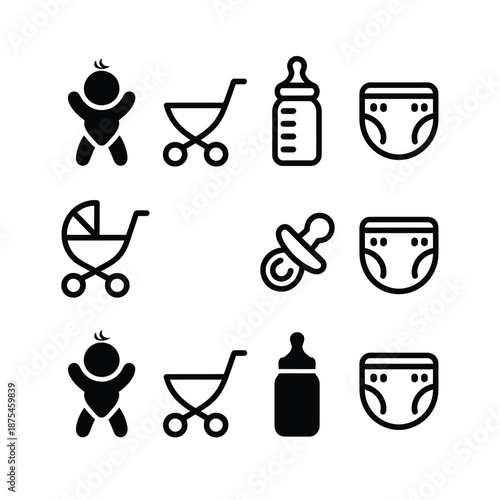 black and white baby care icons on a plain white background