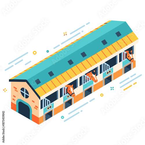 Isometric stable building with horses peeking from stalls