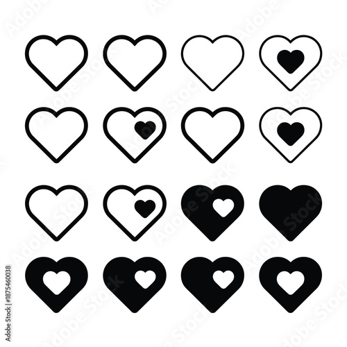 set of black and white heart shapes in various styles and combinations