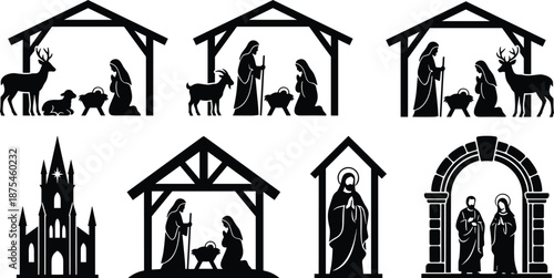 Nativity Scene Silhouette Collection Featuring Holy Family, Baby Jesus, Mary, Joseph, Stable, Church, and Biblical Christmas Religious Vector Icons