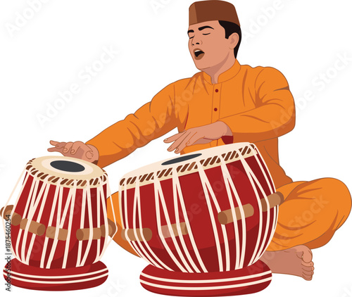 Indian musician playing tabla drums wearing traditional orange outfit and topi hat isolated on white background for cultural music design.