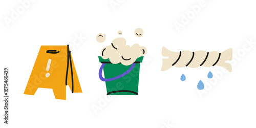 Cleaning and mopping the floor. Cleaning tools, bucket of soapy water, a rag and caution sign slippery floor. Vector illustration
