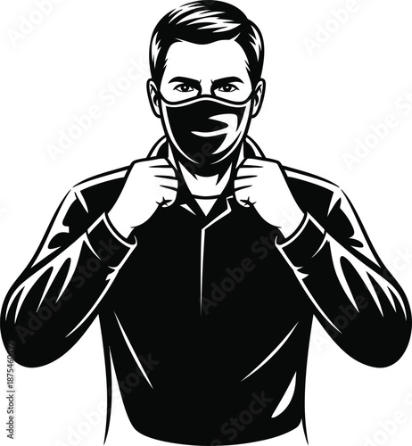 Man wearing face mask adjusting collar of shirt black and white medical mask protection health