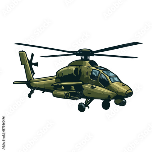 Military transport helicopter illustration in olive green color. Used for troop transport, logistics, and support missions in defense and army operations. Isolated on white background.
