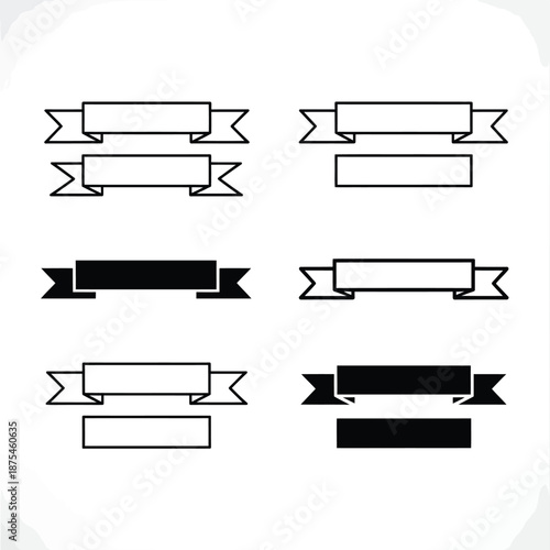 Collection of various black and white ribbon banners and labels