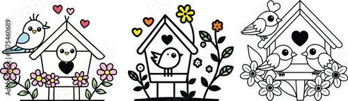 Cottage birdhouse with happy birds and blooming spring flowers set for nature lovers and coloring activities .