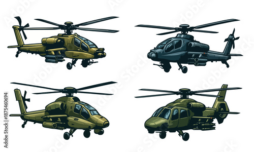 Set of military attack helicopter illustrations in modern semi-realistic style. Includes multiple helicopter angles and color variations commonly used for defense, combat missions, air force operation