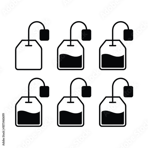 six tea bags with different amounts of liquid