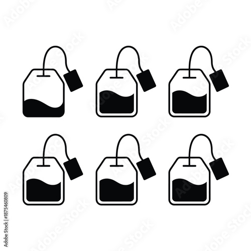 six black tea bags with string and tag on white background