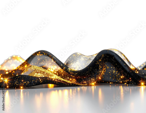 Elegant, flowing black fabric with gold sparkle, set against a glossy white surface and black background