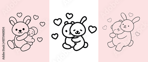 Valentine's Day cute animals hugging with hearts line art collection for coloring page and kids' greeting cards