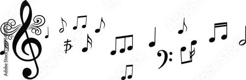 Musical notes and clef symbols collection, cad drawing flat vector illustration of melody elements for sound design, song composition, and rhythmic branding.