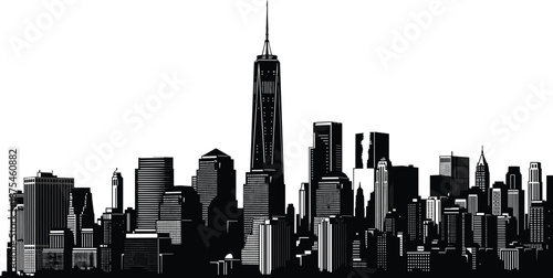 New York City Skyline Silhouette Vector, Manhattan Cityscape with One World Trade Center, NYC Landmark Buildings, cad drawing flat vector illustration