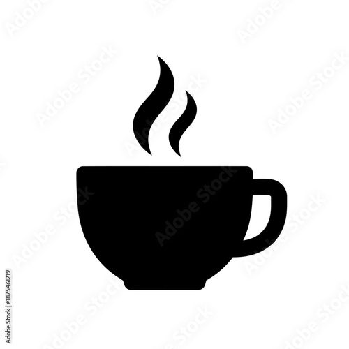 Black silhouette of a steaming hot coffee cup on a white background.