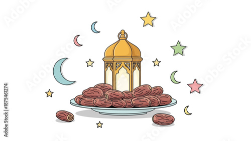Decorative Islamic lantern surrounded by dates and celestial elements illustrating cultural and