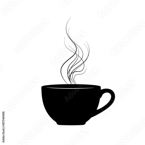 Black coffee cup silhouette with rising steam on white background
