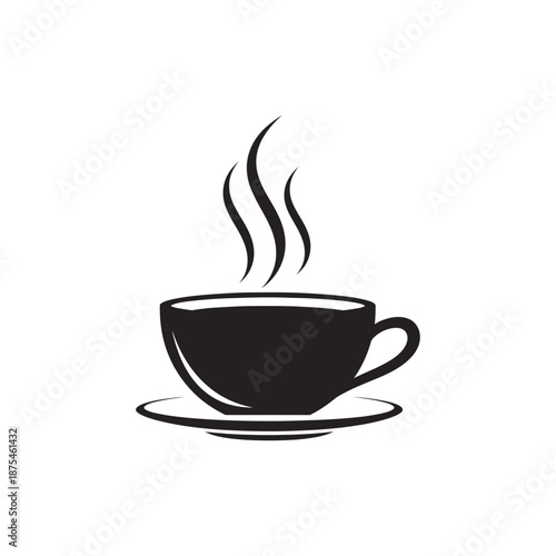 Steaming Black Coffee Cup and Saucer Icon - Minimalist Vector Art
