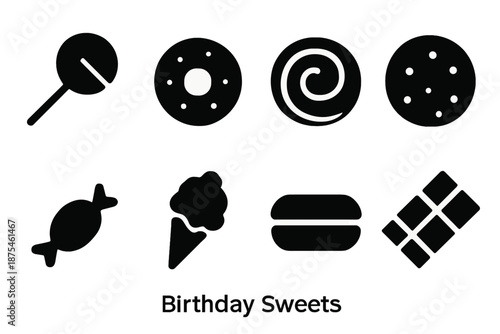 Birthday Sweet Icons. Birthday Sweets. Filled icon set of Birthday Sweets: lollipop, donut, candy swirl,
