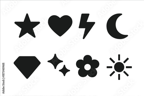 Birthday Icon Set. Birthday Symbols. Filled icon set of Birthday Symbols: star, heart, lightning bolt, moon,