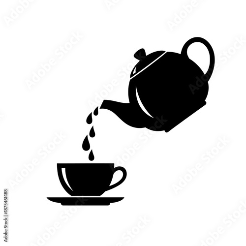 Black Silhouette of Tea Pot Pouring Hot Beverage into Cup and Saucer