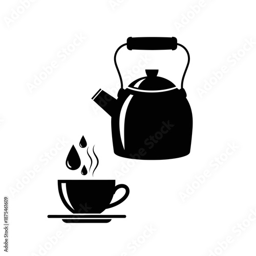 Black Silhouette of Kettle Pouring Hot Water into Coffee Cup on White Background