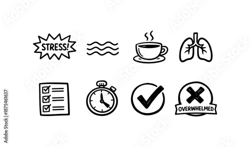 Collection of hand-drawn icons representing stress, relaxation, and well-being concepts