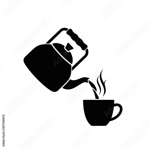 Black silhouette of a kettle pouring hot water into a teacup with steam rising