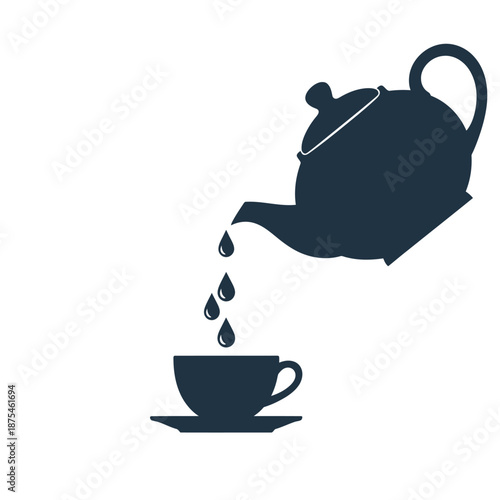 Dark Blue Teapot Pouring Tea Drops into Cup and Saucer Silhouette