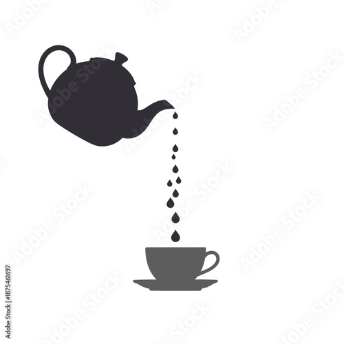Minimalist teapot pouring tea into a cup, simple flat design, isolated on white