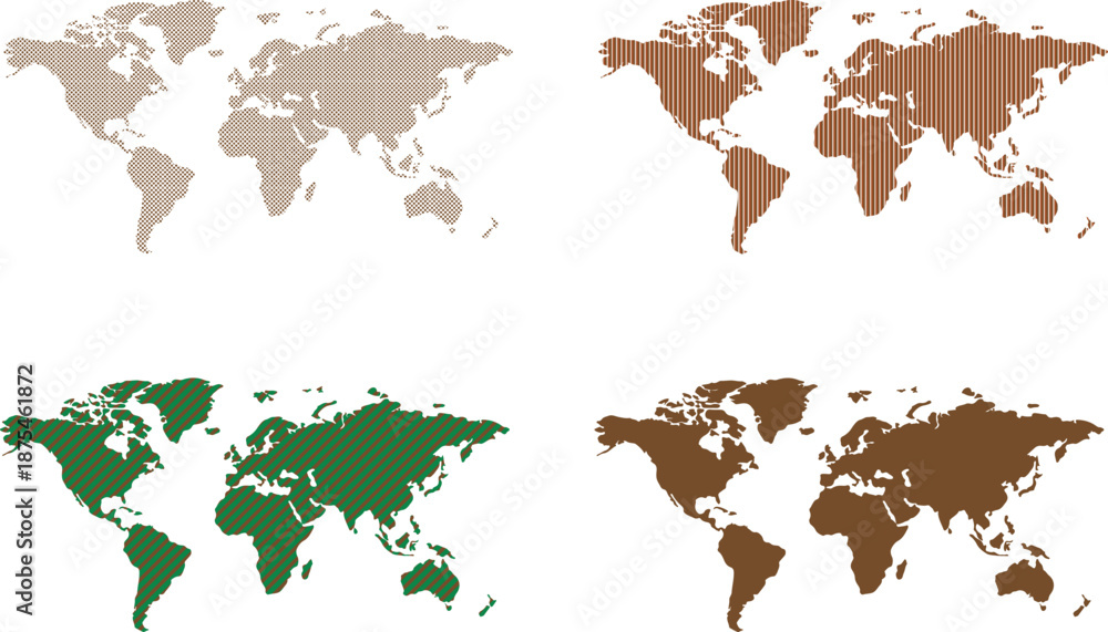 Obraz premium Four world map illustrations display dots, striped diagonal and solid styles highlighting diverse approaches to geographic design
