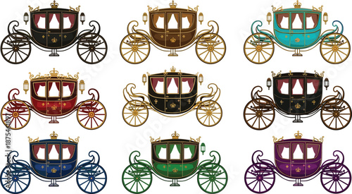 Royal carriage collection set with gold ornaments, luxury vintage horse drawn coaches, antique fairytale transport icon, cad drawing flat vector illustration, elegant chariot.