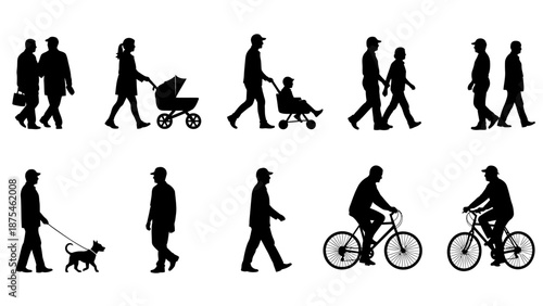 Silhouettes of Diverse People Walking, Pushing Stroller, Dog Walking, and Cycling on Isolated White Background