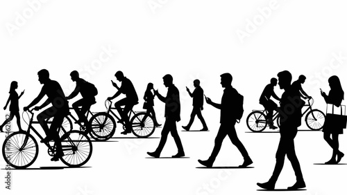 Silhouettes of Diverse Group of People Walking and Cycling in an Urban Setting on Isolated White Background