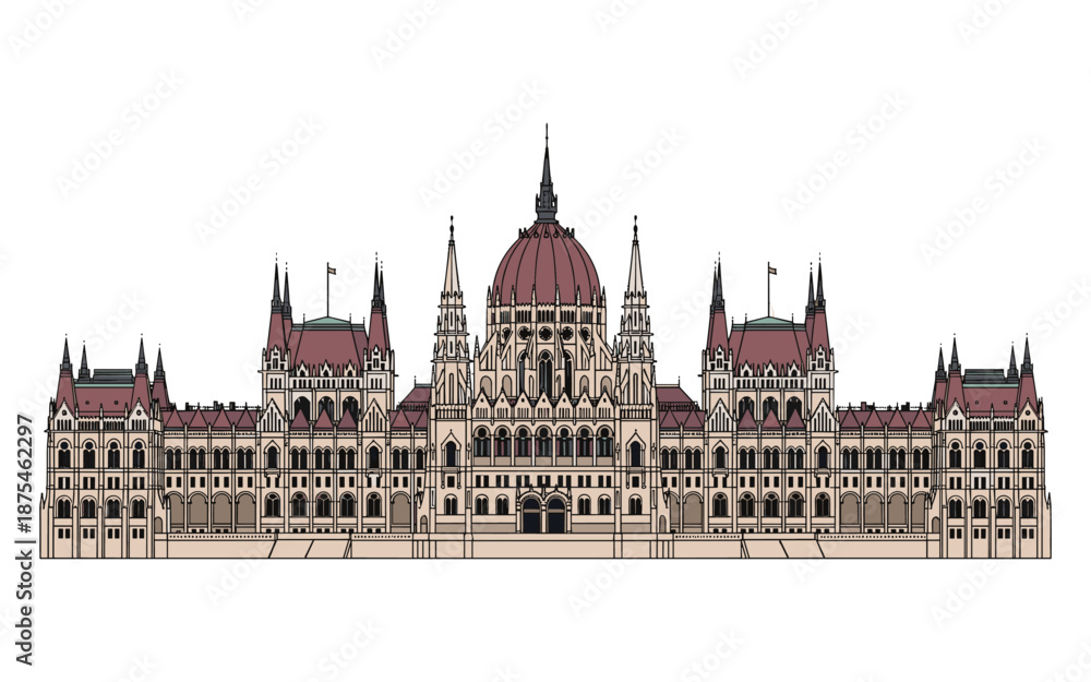 Fototapeta premium Hungarian Parliament Building with Red Roofs and Spires