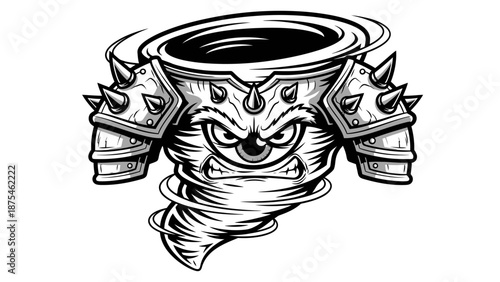 Stylized cartoon illustration of angry tornado character with spiked armor in black and white on isolated white background.