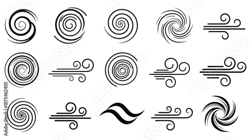 Collection of Black Wind and Swirl Icons, Abstract Air Movement Vortex Symbols Isolated White Background