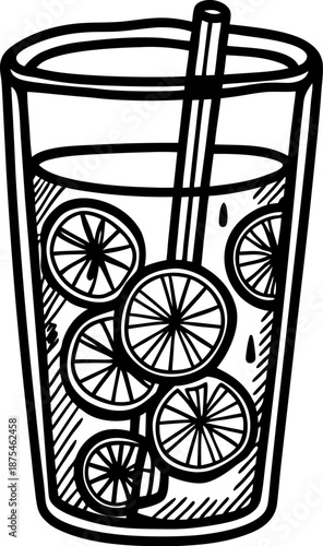 Glass of lemonade with lemon slices and straw, refreshing citrus drink illustration