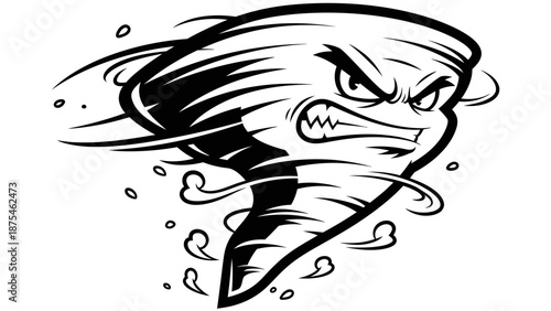 Aggressive Cartoon Tornado Head Icon in Black and White, isolated white background