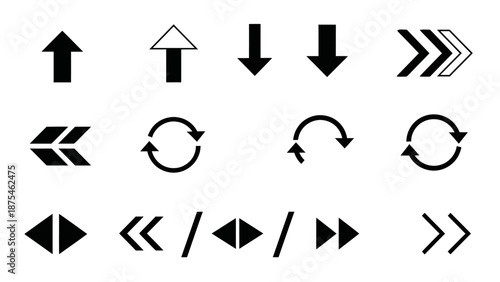 Collection of Black Arrow and Rotation Navigation Icons, isolated white background