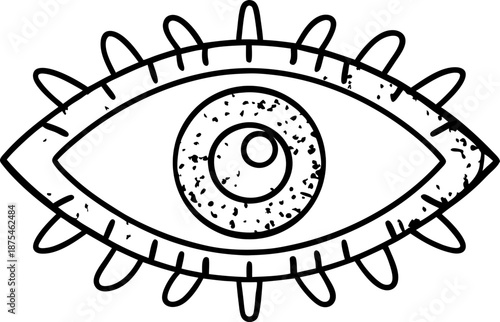 hand drawn illustration of a single eye with one eyelid and lashes in black line art