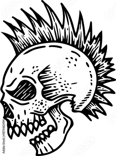 Punk skull illustration with mohawk hairstyle and aggressive expression in black and white