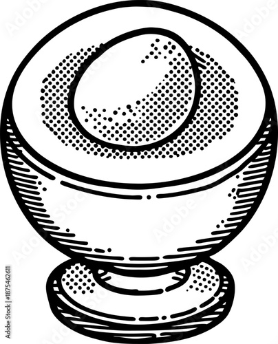 boiled egg in egg cup hand drawn cracked egg half with yolk inside, breakfast food illustration