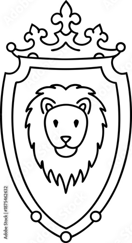 Royal lion emblem on shield with ornate crown, medieval heraldic symbol of strength and nobility