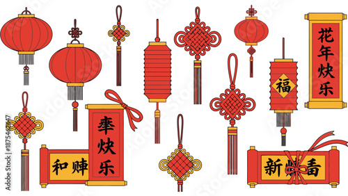 Collection of traditional red Chinese lanterns and decorative knots with auspicious scrolls, celebrating culture on an isolated white background.