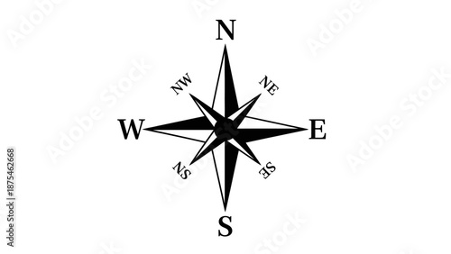 Detailed black and white compass rose with cardinal and intercardinal directions, essential for navigation, isolated on a white background.