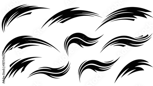 Set of dynamic black abstract swoosh lines and speed motion graphic elements, isolated on a white background.