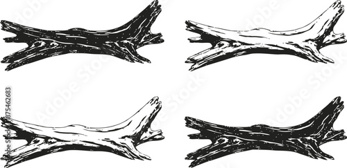 Black and white rustic wood logs set arranged in vintage illustration